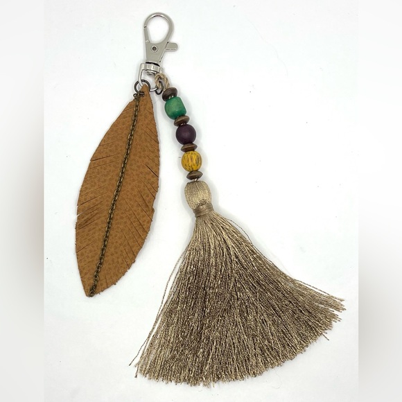 Handmade beige silk Tassel Charm with leather leaf ￼& wooden Beads – bag charm - Picture 2 of 3